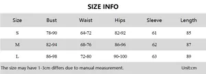 Detailed size guide for the long sleeve ruched dress showing measurements in centimeters