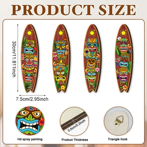 Set of 4 Tiki surfboard wall plaques 30x7.5cm with tropical HD printing and metal hooks