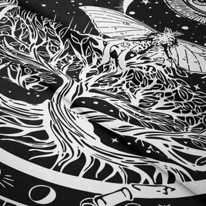 Detailed view of black occult tapestry featuring tree of life and moon phases textures