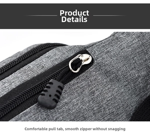 Detail of gray woven fabric waist bag featuring a smooth black nylon zipper and puller