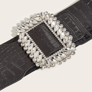 Chic black wide belt featuring crocodile texture and a large rhinestone buckle for women