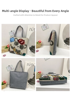 Detail showing cartoon panda embroidery and four-angle views of the canvas tote bag
