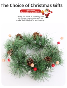 Detailed view of Christmas wreath with long pine needles, pine cones and red berries