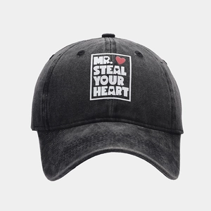 Vintage black washed denim baseball cap with Mr. Steal Your Heart print and red heart