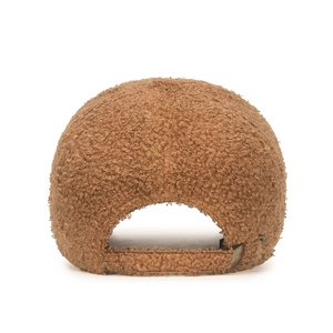 Rear view of brown plush baseball cap in faux lamb wool with adjustable metal buckle