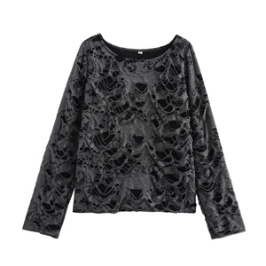 Haut Femme Manches Longues Déchiré Col Rond Tricot Ample Style Shibuya Japonais Punk Streetwear Gris