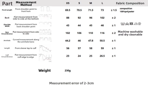 Size chart for women's striped padded shoulder shirt with polyester fabric and care info