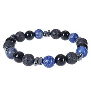 Macro shot of 8mm tiger eye, lava rock and lapis lazuli beaded bracelet with hematite
