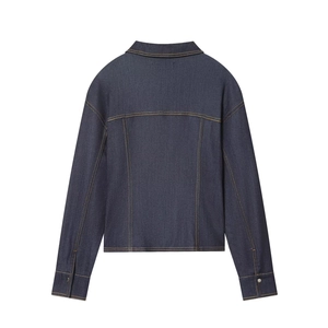 Back view of a slim dark blue denim jacket with contrast yellow stitching on white background