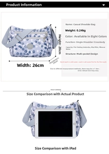 Nylon crossbody bag dimensions 26x20x10cm showing size comparison with an iPad mini