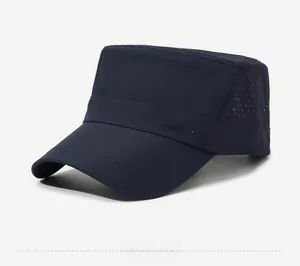 Detail of dark blue quick-dry sun hat showing breathable side mesh and Sports logo
