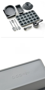 Detail of gray silicone baking set showing heat resistance from -40°C to 230°C and molds