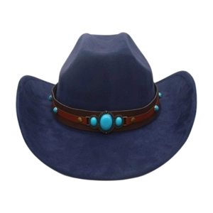 Detail of navy blue felt cowboy hat featuring brown leather band with turquoise stones