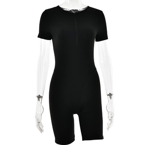 Detailed view of the black short sleeve romper with front zipper closure and slim fit design