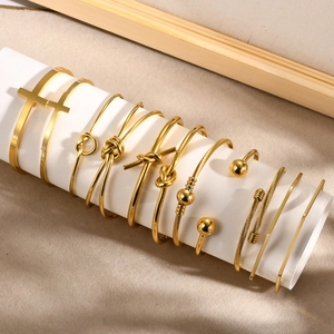 Minimalist 18K gold stainless steel knot C-shape cuff bracelet set for women