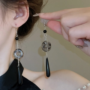 Vintage Chinese style fan earrings with resin beads and black waterdrop tassel