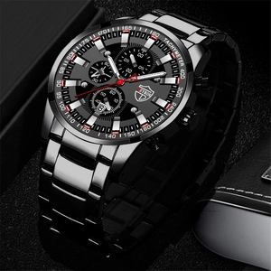 Detailed close-up of EYROS men's black stainless steel chronograph watch with date display