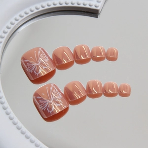 Pink press-on toenails with glossy finish and delicate white butterfly art design