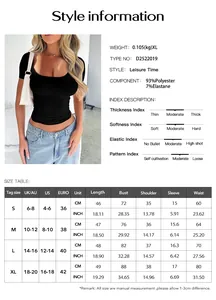 Detailed sizing chart and material specifications for Y2K slim fit U-neck crop top t-shirt