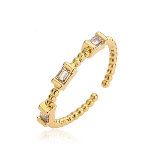 Minimalist gold plated beaded open ring featuring three sparkling rectangular zircons