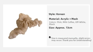 Detail of cream pleated mesh hair claw clip with acrylic base and material specifications