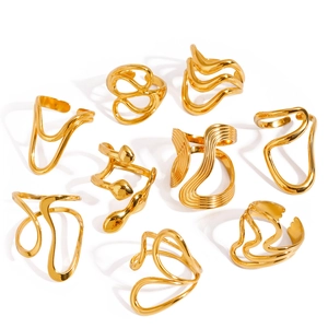 Set of 9 minimalist gold irregular wave open rings in polished stainless steel