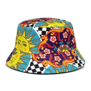 Unisex printed bucket hat with sun face and floral patterns on white background