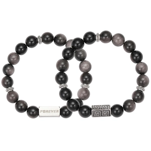 Black obsidian beaded bracelets with silver forever engraving on white background