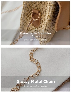 Close-up of golden metallic chain strap and detachable D-ring on woven straw bag