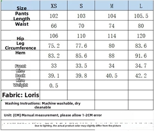 Tableau des tailles détaillé pour ensemble gilet et pantalon avec conseils d'entretien