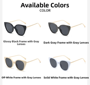 Close-up of four colors of women's oversized cat-eye sunglasses with metal temples