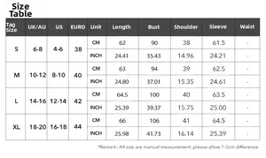 Detailed size chart for women's long sleeve plush sweatshirt showing US and EU measurements