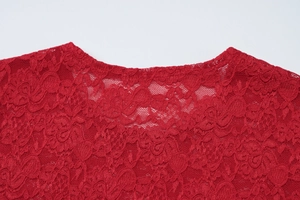Gros plan du décolleté en dentelle rouge délicate d'un haut transparent ajusté