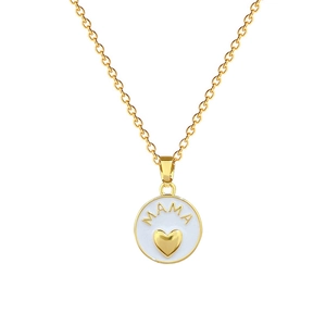 Golden titanium necklace featuring a white enamel MAMA heart pendant and crystal accents