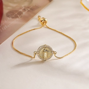 18K gold plated Mary pendant bracelet with zircon accents and adjustable box chain