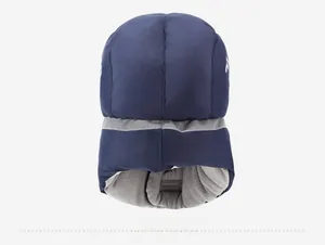 Back view of navy windproof winter hat with gray fleece lining and reflective safety strip