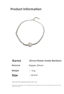 Detail view of zircon flower snake chain necklace with specifications and measurements