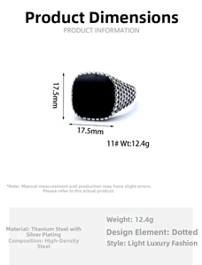 Detailed size specifications for a black enamel stainless steel ring showing 17.5mm dimensions