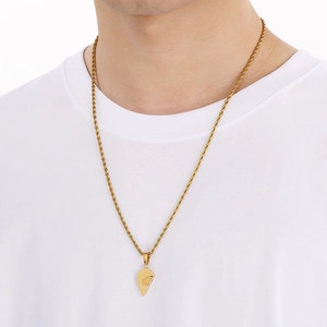 Minimalist stainless steel gold half heart pendant necklace worn by male model