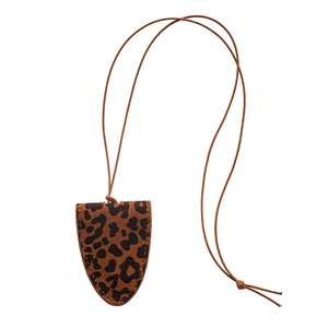Leopard print faux leather triangle glasses case necklace with thin brown lanyard