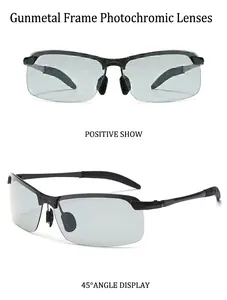Macro detail of photochromic gunmetal polarized sunglasses with half-frame design