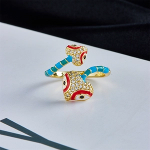 Enamel double-headed evil eye wrap ring with micro-p镶 zircon in bohemian gold style