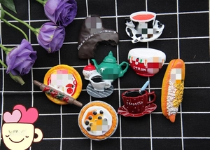 Miniature afternoon tea resin charms including coffee cups and bread on checkered cloth