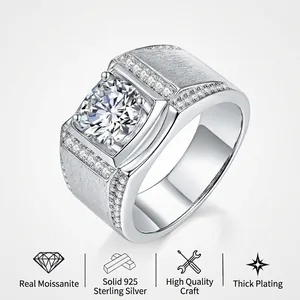 Men's Signet Ring 925 Sterling Silver Moissanite Round Brilliant Cut White Gold Plated Brushed Pave Zircon Jewelry