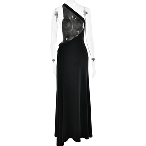 Detailed view of black one-shoulder evening maxi dress with elegant ruched side drapes