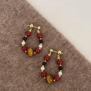 Retro Maillard Style Beaded Hoop Earrings With Tiger's Eye Artificial Pearl Red Beads And Silver Earring Post Vintage Luxury Jewelry