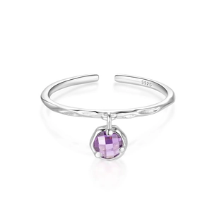 Close-up of S925 sterling silver hallmark and purple zircon pendant on adjustable ring