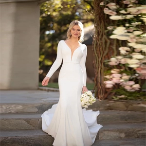 Robe De Mariée Col En V Manches Longues Sirène Robe De Mariée Satin Élégant Dos Nu Robe De Soirée Formelle Avec Traîne