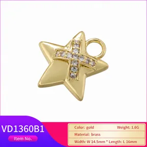 Gold plated brass star pendant with sparkling cubic zirconia cross inlay for jewelry making