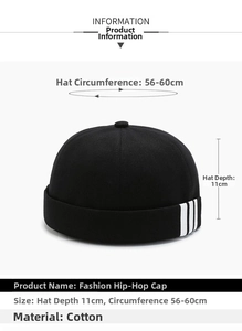 Detail view of cotton docker cap showing 11cm depth and 56-60cm circumference specs